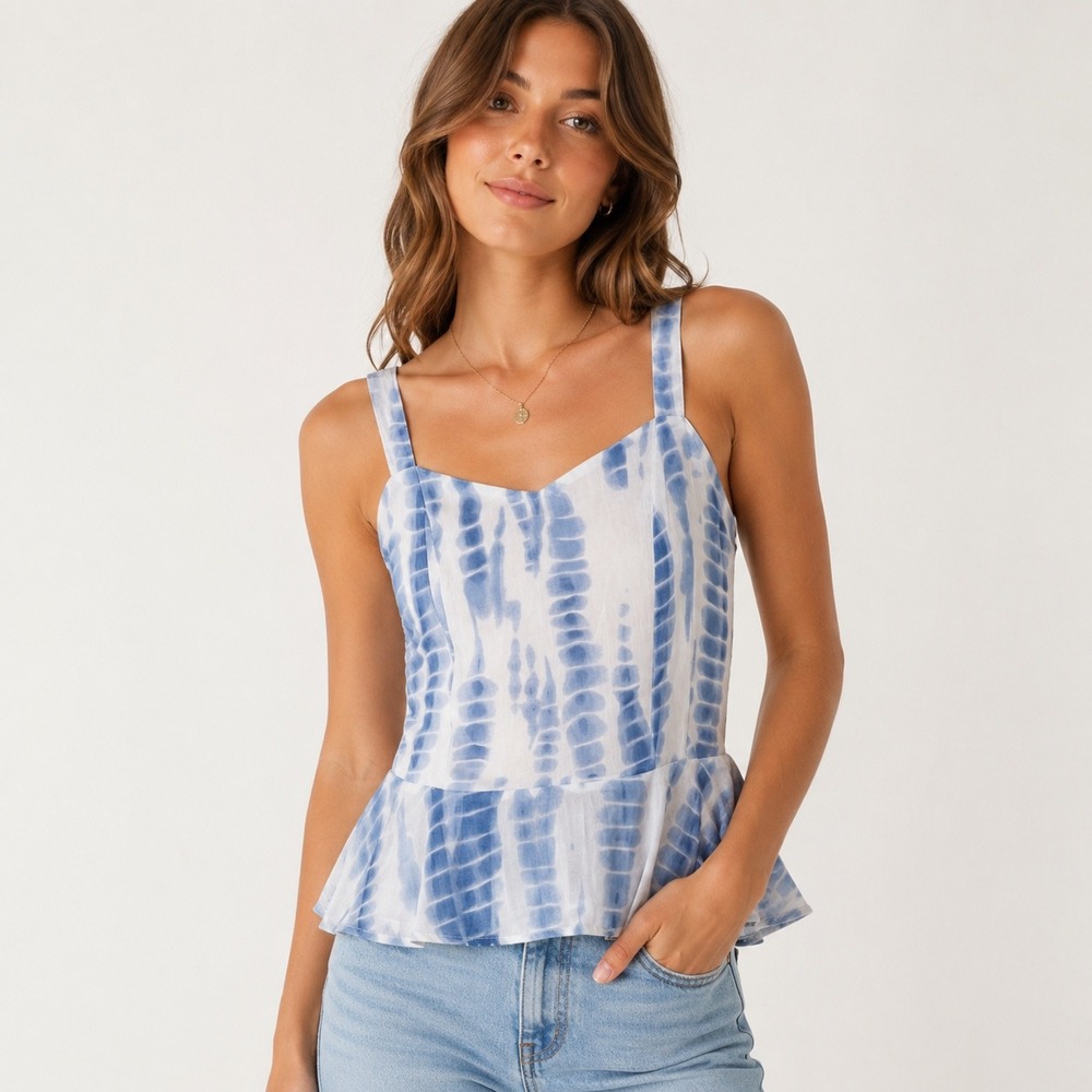 Japna Blue White Tie Dye Peplum Camisole Smocked Back Tank Top Boho Festival S
